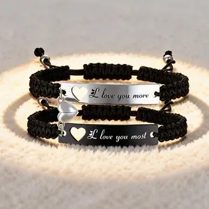 2pcs Adjustable Braided Heart Matching Couples Bracelets with Engraved "I love you more" & "I love you most" for Him & Her Perfect Gift  for Anniversaries & Valentines