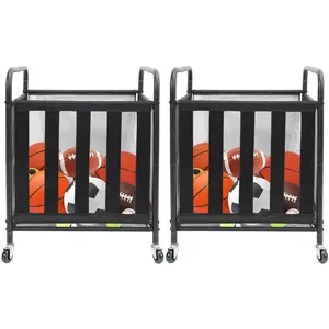 2 Pack Rolling Sports Ball Storage Cart, Lockable Basketball Cage with Elastic Straps, Sport Equipment Holder Organizer for Indoor Outdoor, Steel Storage Rack for Playgroud and Gym, Black