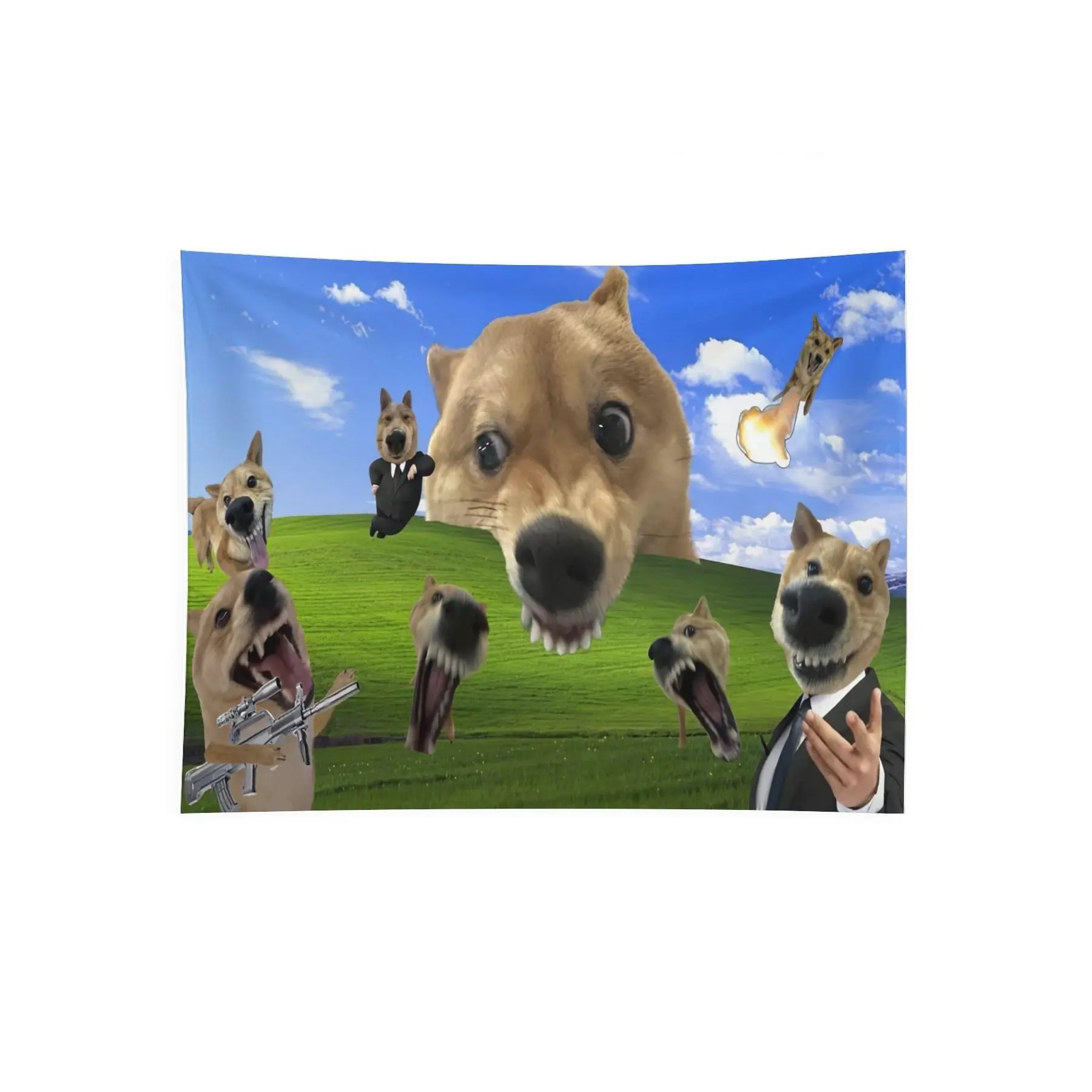 Funny Shiba Inu Meme Chaos Wall Tapestry, Surreal Dog Collage for Bedroom Dorm Gaming Room Decor