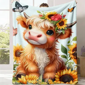 The highland cow flannel blanket in the sunflower field is cute and warm. It is a thick blanket, soft, warm and comfortable. It is an ideal gift, suitable for birthdays, Christmas parties or as a home decoration item.