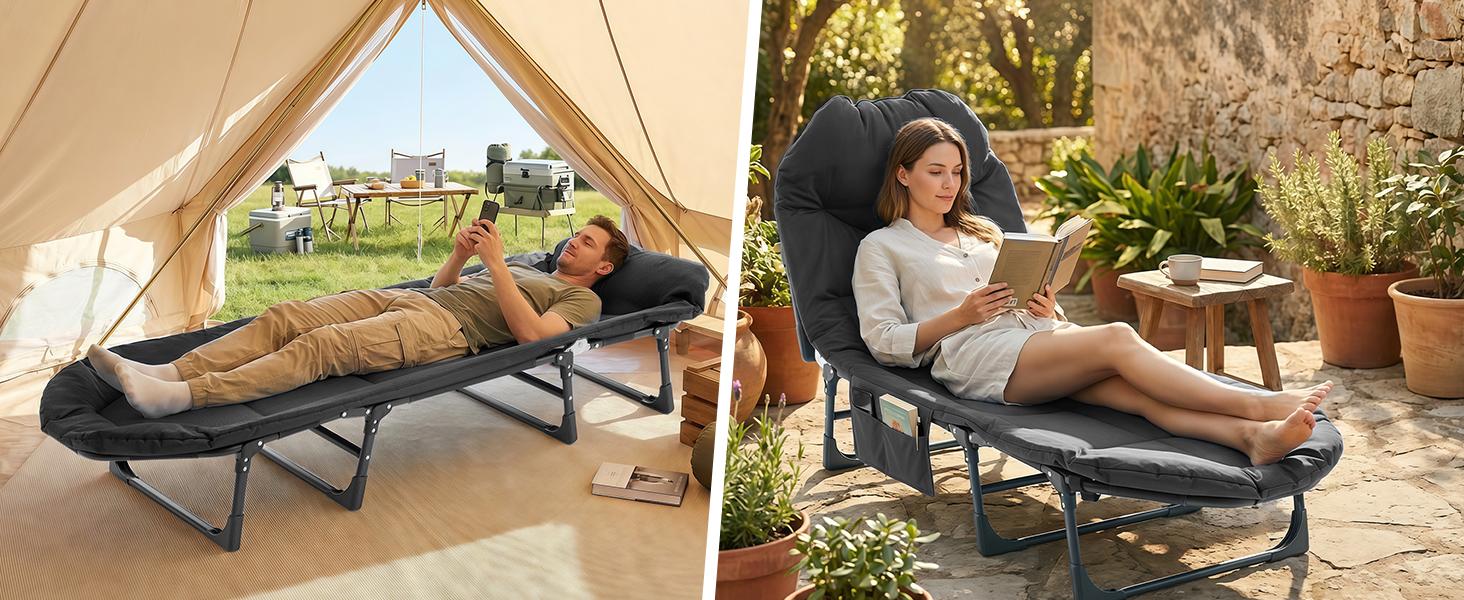 Adjustable Adult Folding Camping Cot with Mattress, 6-Position Reclining Portable Outdoor Bed, Lightweight with Carry Bag, 450 lbs Weight Capacity for Camping, Office & Indoor Use