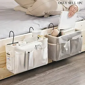 1pc Dormitory Bedside Hanging Storage Bag, Cotton Linen Basket with Pockets, Bed Head Organizer, Door Cabinet Hanging Pouch for Dorm Room Essentials