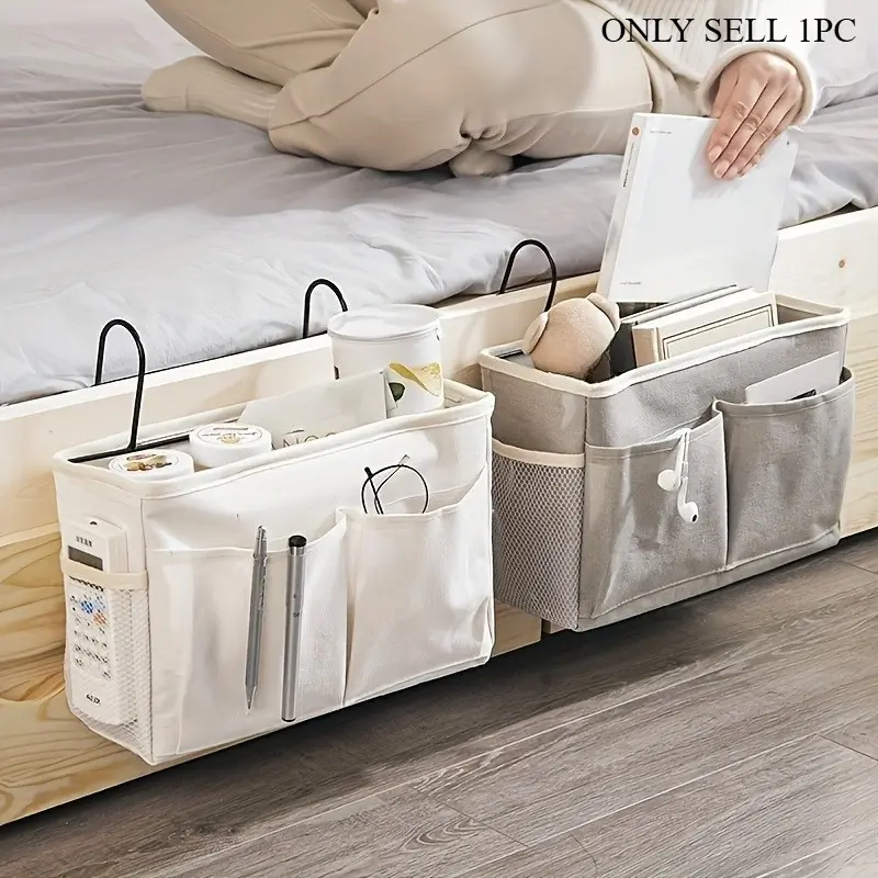 1pc Dormitory Bedside Hanging Storage Bag, Cotton Linen Basket with Pockets, Bed Head Organizer, Door Cabinet Hanging Pouch for Dorm Room Essentials