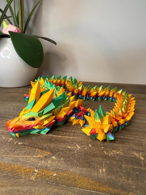 Rainbow Crystal Dragon Full Size | 26" 3D Printed Articulated Dragon Figurine | Multicolor Fantasy Dragon Collectible
