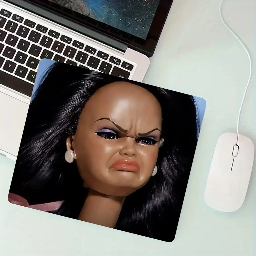 Angry Grumpy Doll Square Mouse Pad for Laptop, Non-Slip Rubber Base with Stitched Edges, Small Gaming Desk Mat for Gamer Office Home Decor, Computer Mouse Pad