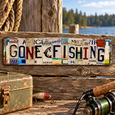 Vintage "Gone Fishing" Rust-Proof Aluminum Decorative Wall Sign (16x4 in) - Screw-Mounted Rustic Plaque, Eco-Friendly Home Supplies, Whimsical Kitchen Sign, Office Decor, Included Screws