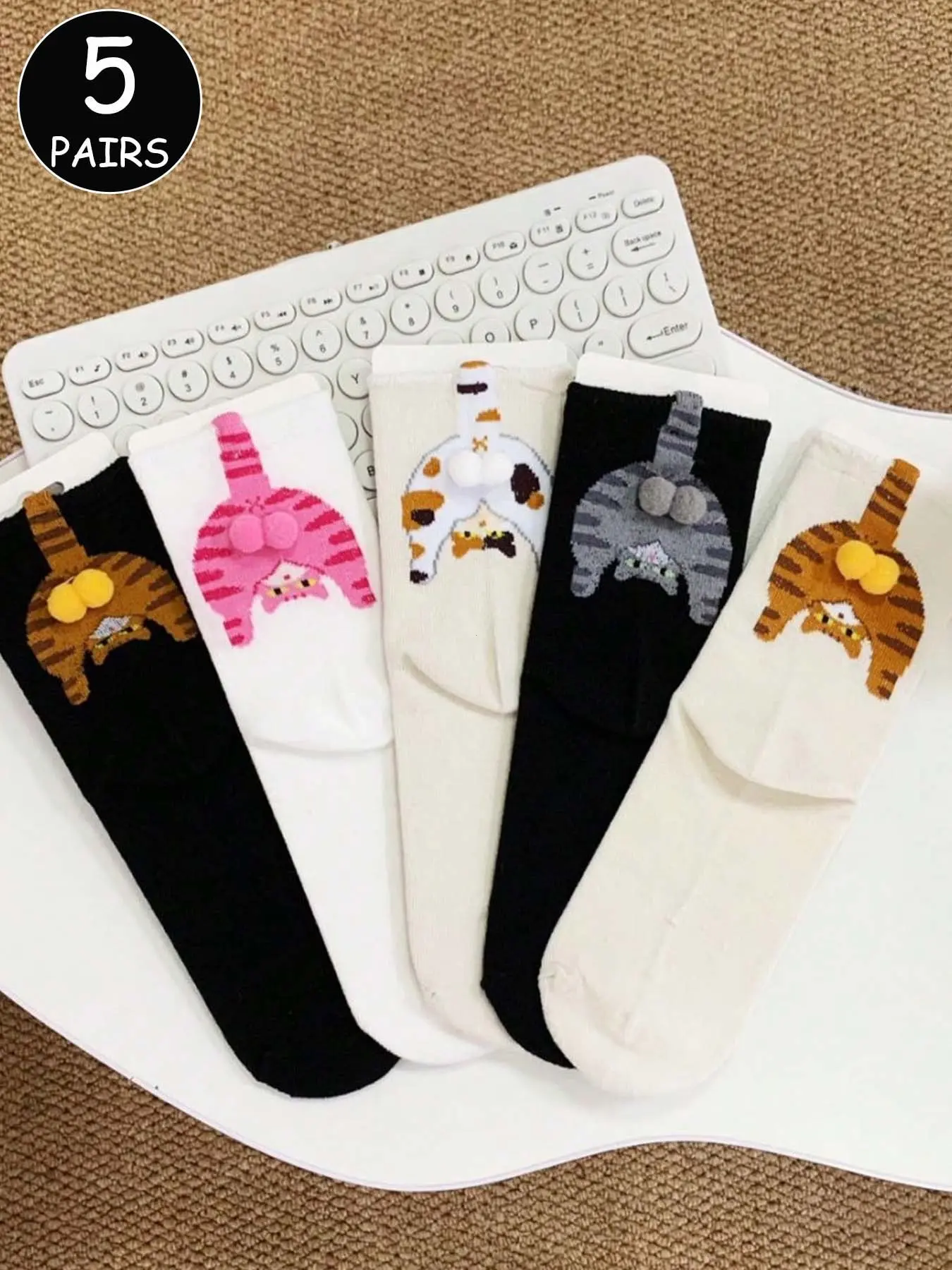 5 Pairs Cute Cartoon Cat Ball Mid-Calf Socks, Sock Set, Adorable Backless Design, Comfortable and Stylish, Perfect for Daily Wear, Casual Daily Socks