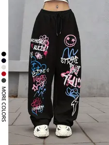 Women's Casual Sporty Long Pants, Graffiti Letter Expression Graphic Butterfly Print, Drawstring Loose Wide Leg, All Seasons Fashion, Bottoms, Womenswear