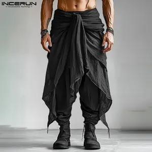 INCERUN COS Japanese/Samurai Men's/Unisex Black Deconstructed Multi-Layer Wrap Trousers | Pleated Drape Skirt-Pants | Streetwear, Stage Look, Concept Shoot