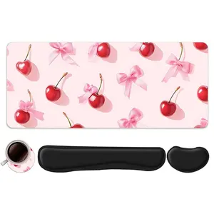4pcs Cute Cherry and Pink Bow Design Mouse Pad + Keyboard Wrist Rest + Ergonomic Mouse Pad + Coaster Set For Desktop Decoration, Office Accessories Set Ergonomic Wrist Support, Computer Mat Mouse Pad Coaster Suitable For Home Office Gaming