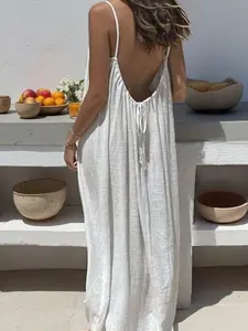 Dress, European & American Vacation Relaxed Style, Backless Tie-Up Vibe, 2026 Summer New Solid Sleeveless Thin Strap Loose Flowy Slip Maxi Dress, Breathable & Slimming, Must-Have for Beach, Trips & Casual Home Wear