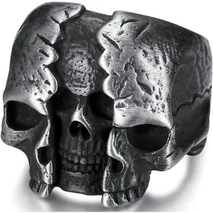 Retro Vintage Antique Stainless Steel Gothic Skull Death Halloween Biker Cocktail Party Ring