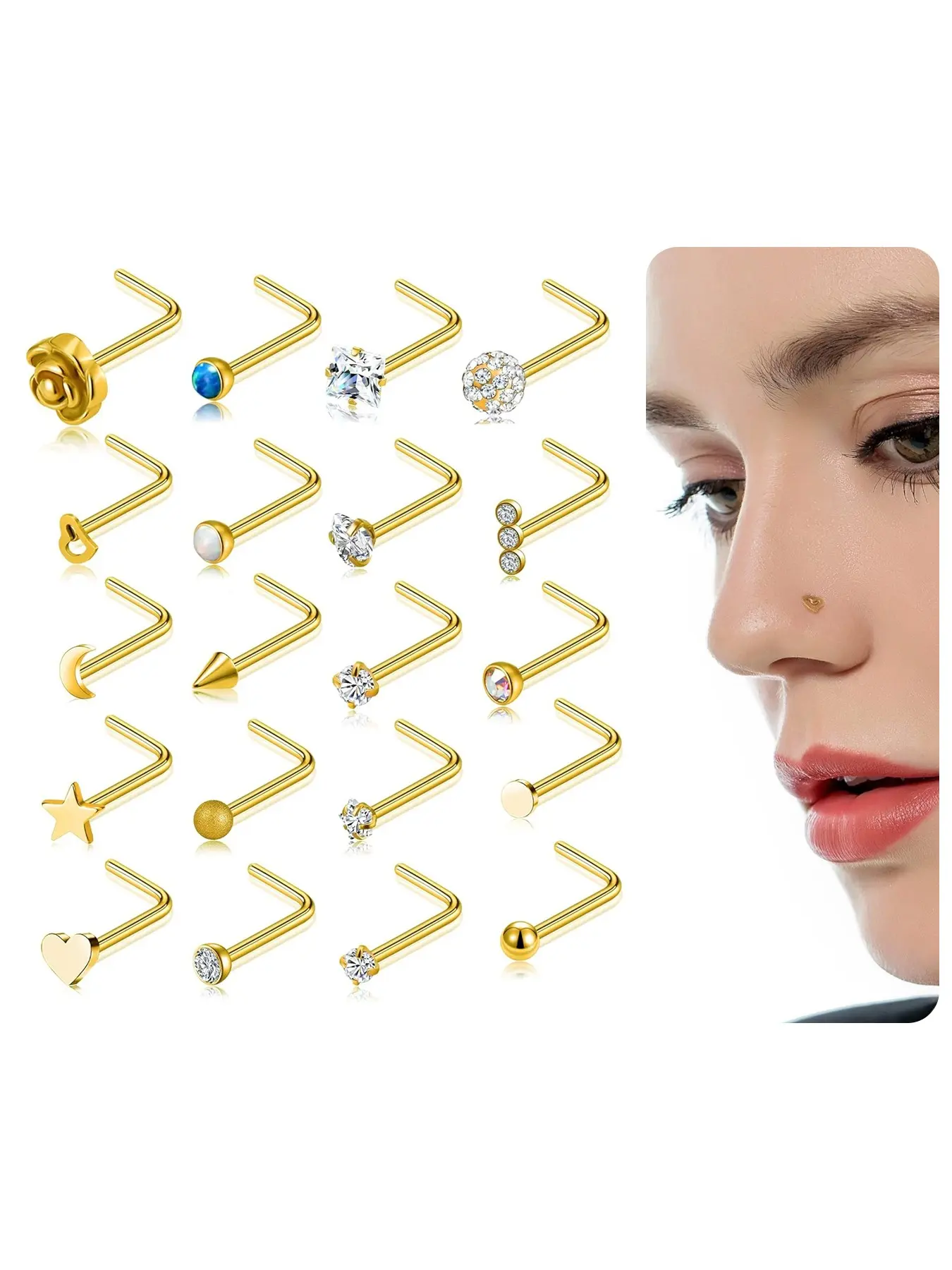 20G 20Pcs Nose Ring CZ Nose Stud Retainer L  Nose Piercing Jewelry Set Body Jewelry for Women Men Stainless Steel Rose Gold Silver Black Gold Tone Nose Piercing Kit