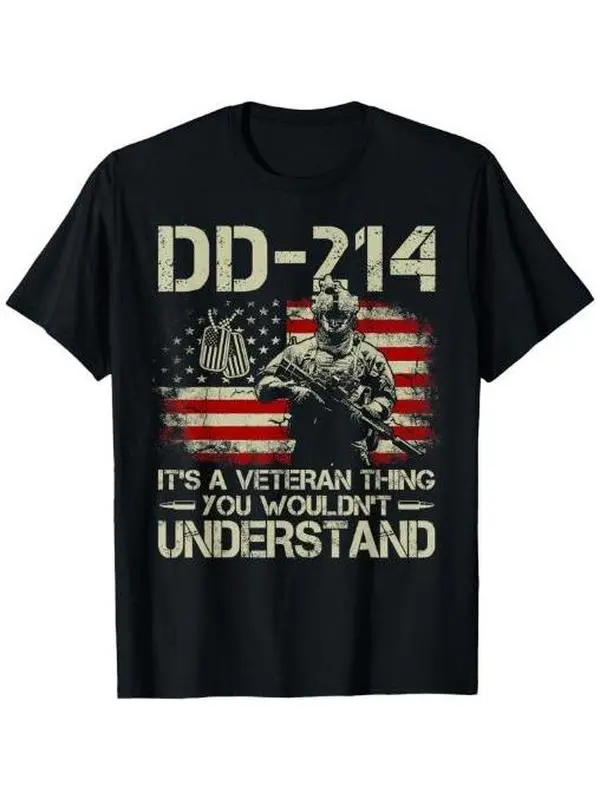Men's DD-214 Veteran Cotton T-Shirt, Short-Sleeve, Round Neck/Crewneck, Simple Design, Made in USA