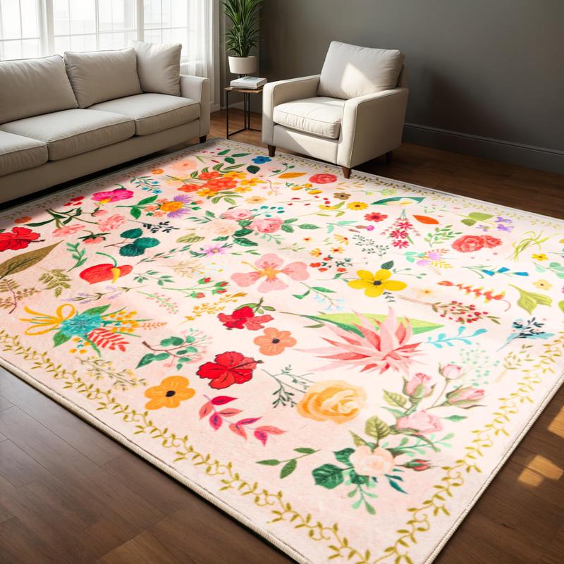 Floral Boho Imitation Cashmere Printed Area Rugs, Washable Machine, Non Slip Low Pile Vintage Large Carpet for Living Room, Bedroom, Farmhouse, Dining Room, Kids Playroom, Orange, Pink, Black, Green, Beige,2x3, 2x6, 4x6, 5x7, 6x9, 8x10, 9x12 Feet