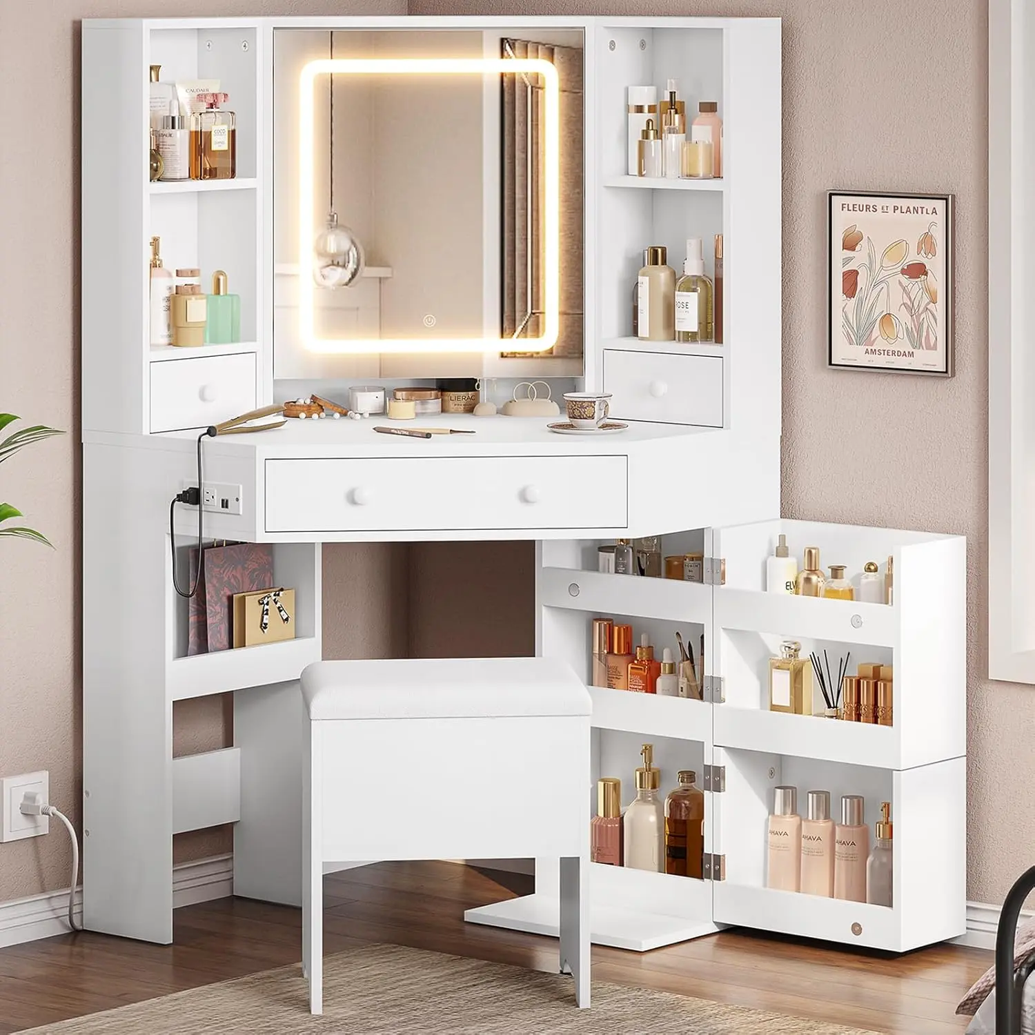 Sikaic Corner Vanity Desk with Lights and Charging Station, Makeup Vanity Set with LED Mirror, Storage Stool, Drawers & Rotating Shelves, Modern Corner Makeup Table for Bedroom Summerwins