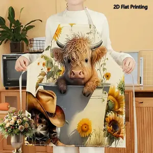 1PC 2D Flat Printed Highland Cow Sunflower Boots Western Style Apron For Home Cooking, Kitchen Wear, And Cooking Enthusiasts