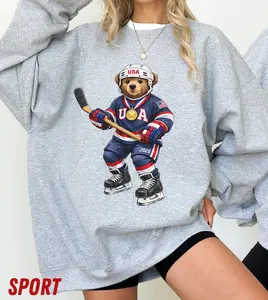 Vintage Hockey Bear Sweatshirt,USA Gold Medal Ice Hockey Graphic Shirt,Patriotic Preppy Bear,Retro Winter Sports Shirt,Red White Blue Unisex