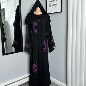 Three Piece Embroidered Silk Abaya, Black With Purple Detail