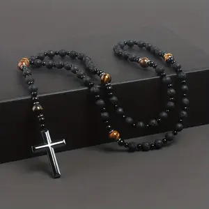 Bright Black Natural Stone Yellow Tiger Eye Round Bead Black Gallstone Cross Rosary Necklace, Rough Stone Gift Necklace For Men, Daily Casual Halloween Gift, Sweater Chain/Clavicle Chain/Necklace
