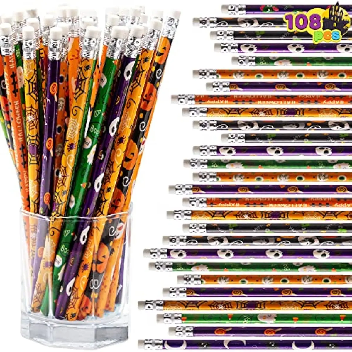 108 PCS Halloween Pencil Assortment with Eraser in 12 Designs, Assorted Colorful Wood Pencils Themed Stationery Set for Kids Trick or Treat, Classroom Party Favor Supply Prize, Goodie Bag Filler