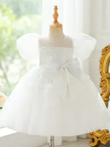 Toddler Girl's Glitter Sequin Puff Sleeve Dress, Elegant Bubble Sleeve Round Neck A Line Dress for Party Wedding Guest, Kids Clothes for Summer