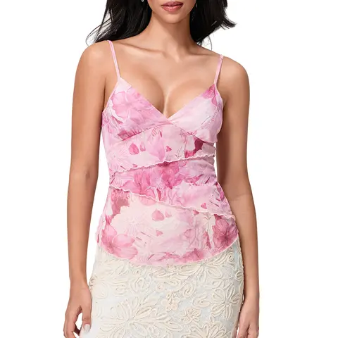 Women's Cute Fitted Spaghetti Strap V-Neck Lace Floral Crop Top - Soft Spandex Ruffled Layered Camisole, Casual Fabric Everyday & Halloween Going-Out Cute Tops for Women