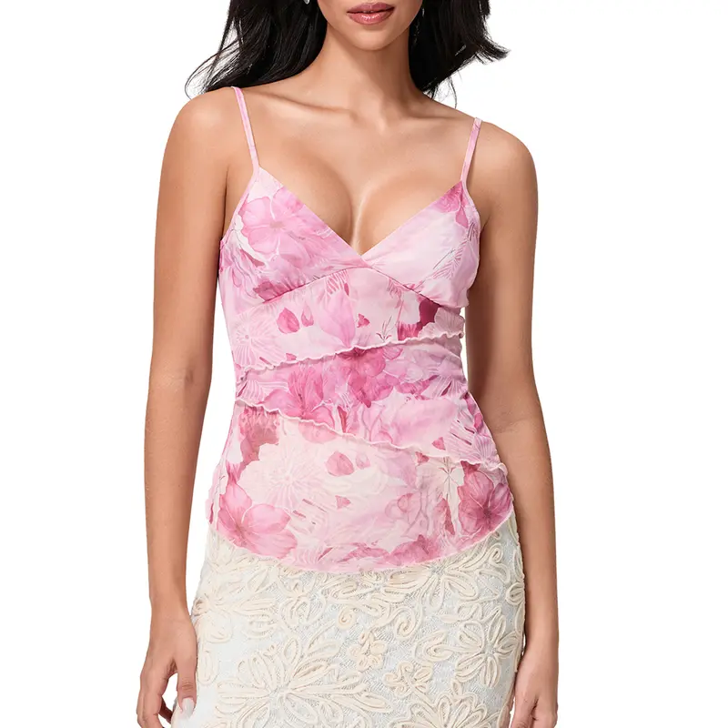 Women's Cute Fitted Spaghetti Strap V-Neck Lace Floral Crop Top - Soft Spandex Ruffled Layered Camisole, Casual Fabric Everyday & Halloween Going-Out Cute Tops for Women