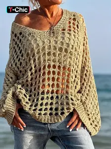 Summer Hollow Out Thin Breathable Sun Protection Knit Top, Women's Loose Fit Casual Sweater, Hand Hook Design, Round Neck Pullover Knitwear