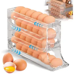 4 Tiers Egg Dispenser For Refrigerator Automatic Egg Rolling Rack,30 Eggs Storage Rack Clear