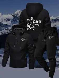 Men's Sportswear 2-Piece Set with Fish & Mountain Design, Carp Fishing Logo Flight Jacket & Casual Long Pants, All Seasons Fitted Style