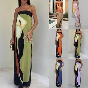2025 Spring Dress European and American Foreign Trade Women's Fashion Sleeveless Off-Shoulder Strapless Sexy Backless Printed Dress Formal Womenswear Workwear