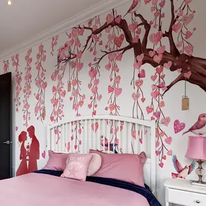 A set of four pink love heart vine couple tree Valentine's Day wall stickers, suitable for bedroom and living room background walls, home decoration stickers, Decorative Stickers, self-adhesive, MS7250-YC