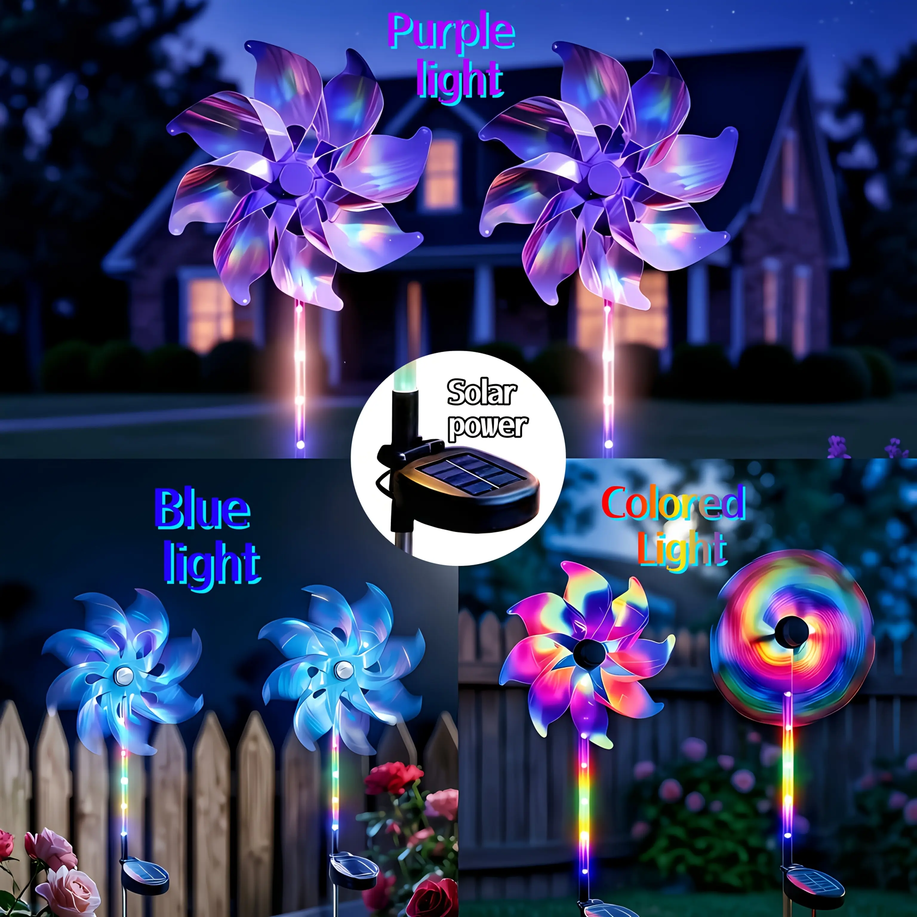 Solar Powered Windmill Lights (Set of 2) - 33.5 in Each, 12 LED Bulbs, Blue-Purple Multicolor, IP44 Waterproof, Outdoor Garden Festive Decor Lighting