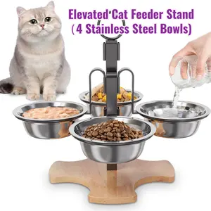 Elevated Cat Feeder Stand with 4 Stainless Steel Bowls Adjustable Height Wood Base for Cats and Small Dogs Pet Dining Bowls Feeder Support Spine Health Easy Clean Insulated Steel Set feeding station Bowl with Wooden Stand Tilted Anti-Slip rubber non-slip
