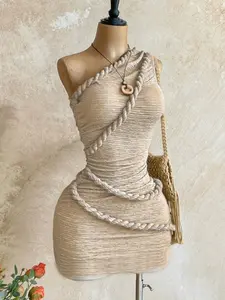 New Boho Style Knot Shoulder Mini Dress, Summer Women's Vintage Holiday, Fitted Plain Design, Casual Fashion for Vacation