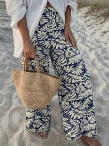 High-Waisted Loose-Fitting Pants for Women, Lightweight Breathable Leaf Design, Perfect for Beach Vacations & Summer Outings, Comfortable All-Day Wear