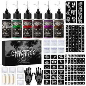 DM Temporary Tattoo Kit 6 Color Inks 84 Stencils for Body Paint DIY Tattoos Temp Fake Tattoo Juice for Women Kids