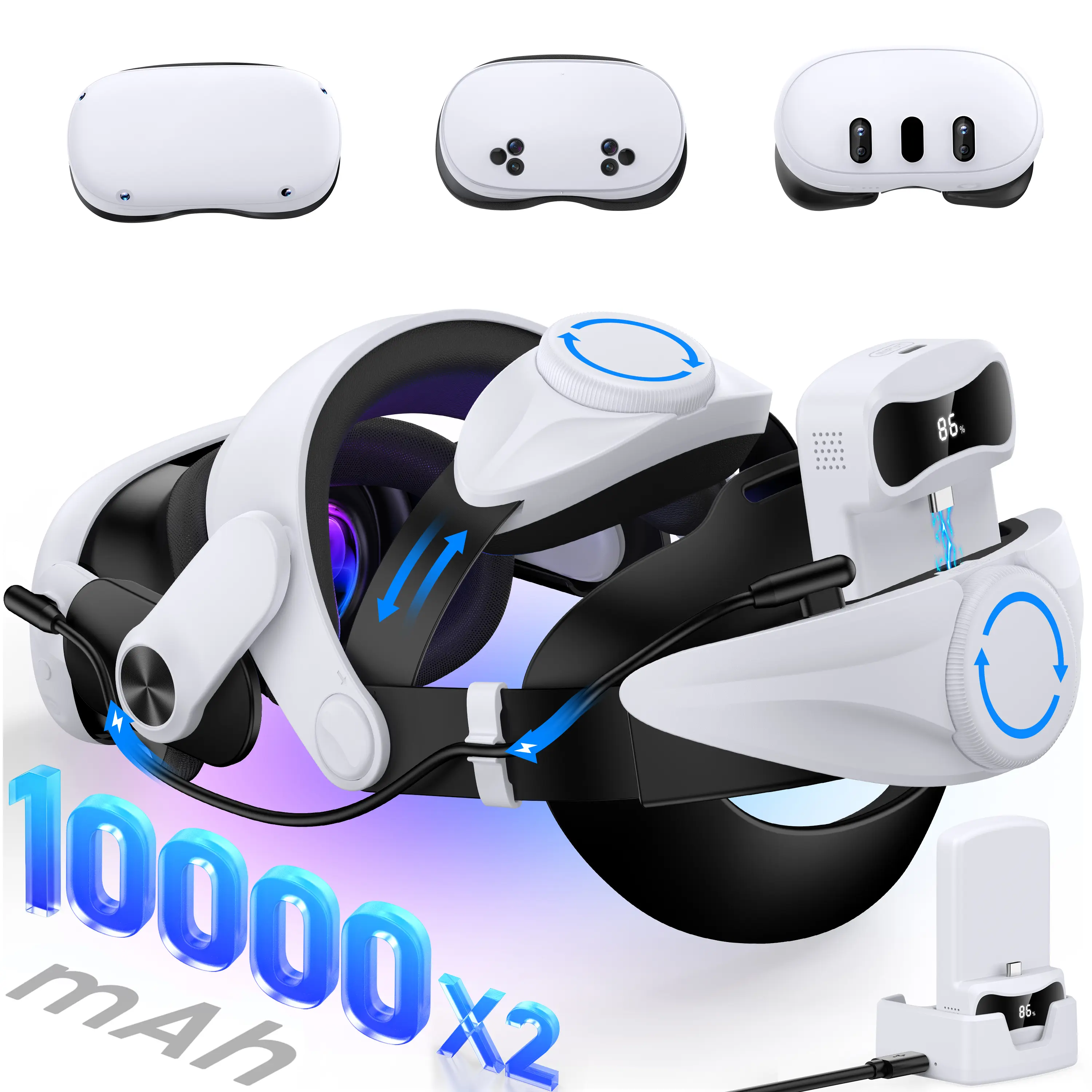 ESYWEN 10000mAh*2 Battery Elite Strap for Meta Quest 2/3/3S – Adjustable Headset with Flip-Up Hinge, Rapid Swappable Battery Dock, 6-8H Extended Power, Includes Both Connectors & Cleaning Cloth