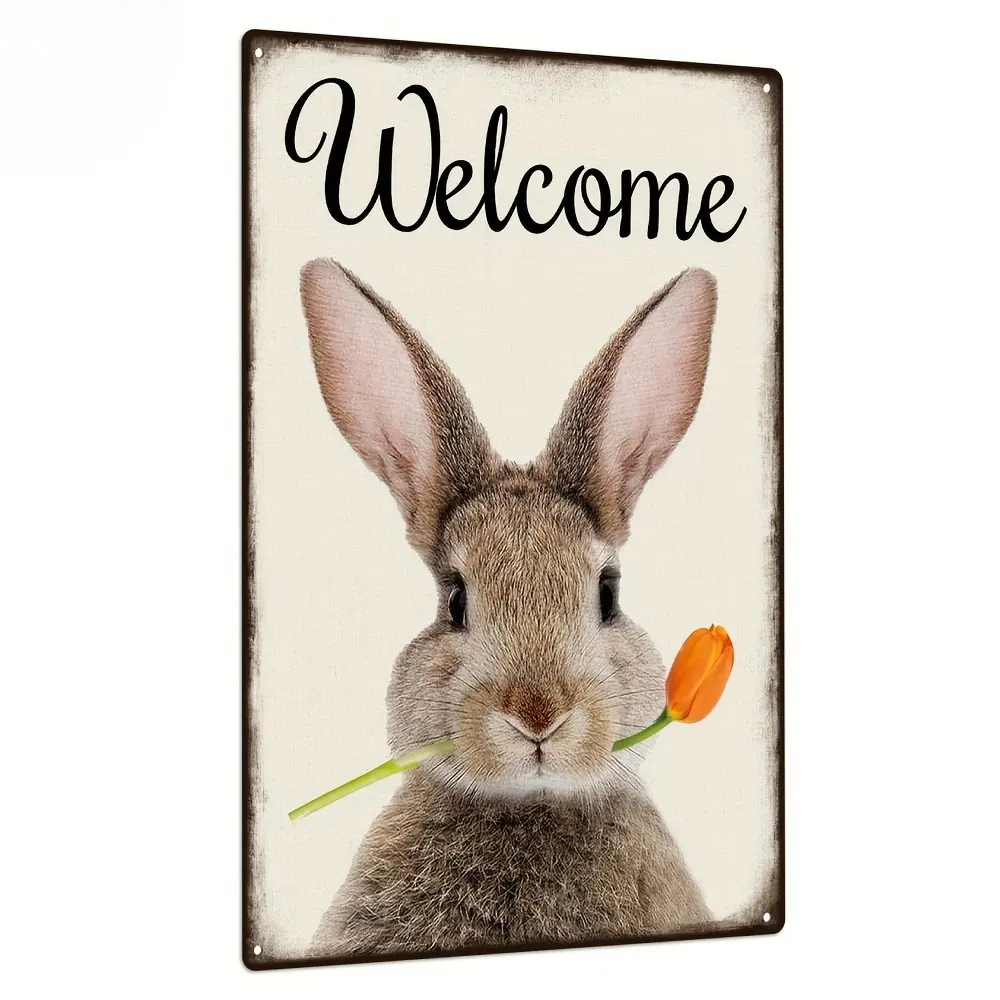 Vintage Rabbit Metal Tin Wall Plaque - "Welcome" Sign, 7.8x11.8 in, Weatherproof, Rustic, Home Decoration for Farm Home Indoor-Outdoor Use, Yard Sign