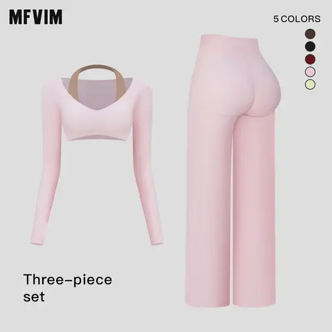 MFVIM Women's 2-Piece Workout Matching Set for Women - Halter V-Neck Off-Shoulder Short-Length Long-Sleeve Top, Crossover V-Waist Wide-Leg Yoga Pants, Breathable Skin-Friendly Second-Skin Fabric Activewear (Multiple Colors), 2 Piece Sets, Workout Sets Wom