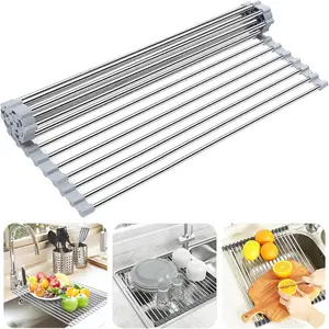 Roll Up Dish Drying Rack 18.5"(L) x 13.4"(W) - Stainless Steel and Silicone Dish Drying Mat Over The Sink Foldable Drain Rack Multipurpose Dish Drainer, Gray