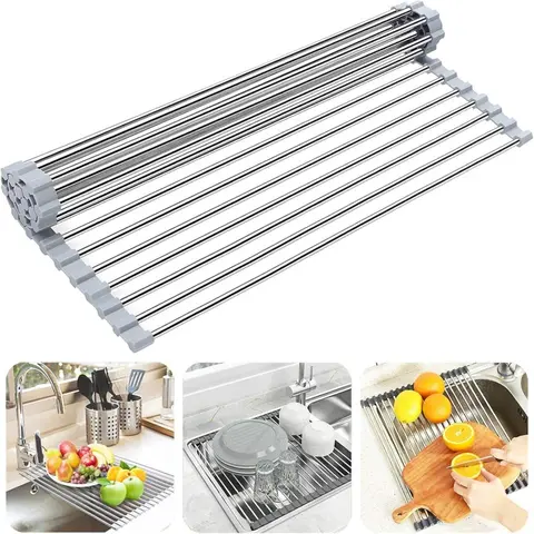 Food Grade 304 Stainless Steel & Silicone Extra Large Roll Up Kitchen Dish Drying Rack (18.5" L x 13.4" W) - BPA-Free Rectangle Foldable Over Sink Drain Rack, Heat-Safe Trivet, Countertop Drying & Prep Mat, Gray Home Organizer Supply