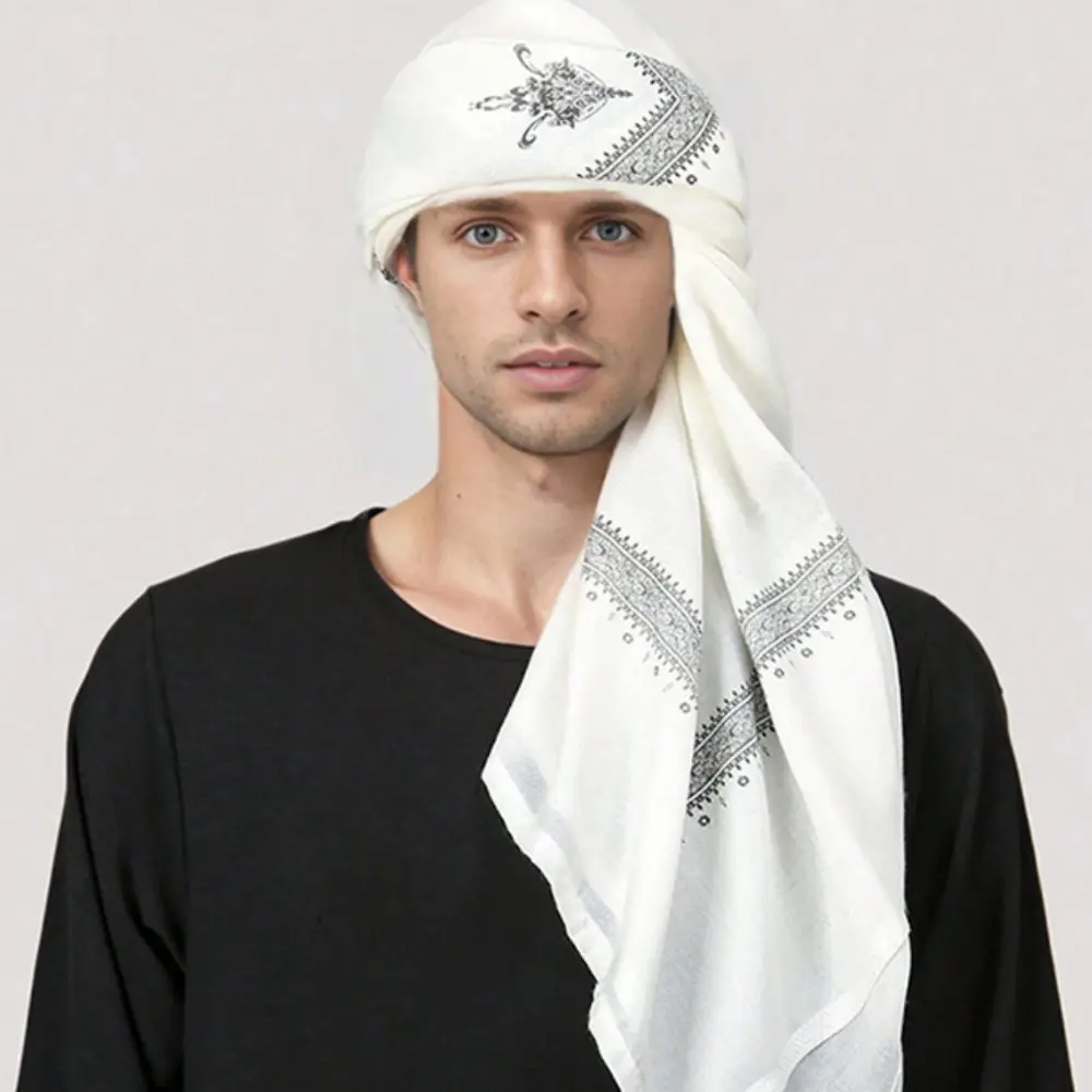 1pc White Muslim Shemagh Scarf with Black & Gray Design - Traditional Islamic Ramadan Headscarf, Windproof Neck Wrap for Men, Polyester Woven Fabric, Islamic Headscarf |   Decorative Scarf |   Cultural Fashion, Hijab Scarf