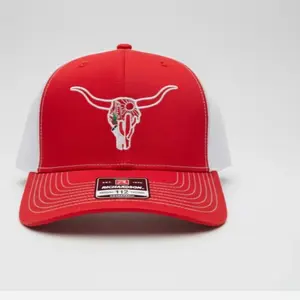 LP HATS Red Baseball Cap with White Longhorn Design and Adjustable Fit for Men and Women