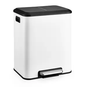 Dual Compartment Stainless Steel Trash Can – 8 Gallon / 30L (2 x 15L) Step-On Commercial Waste Bin – Soft-Close Airtight Lid – Removable Inner Buckets – Kitchen, Office, Recycling – Color: Black & White