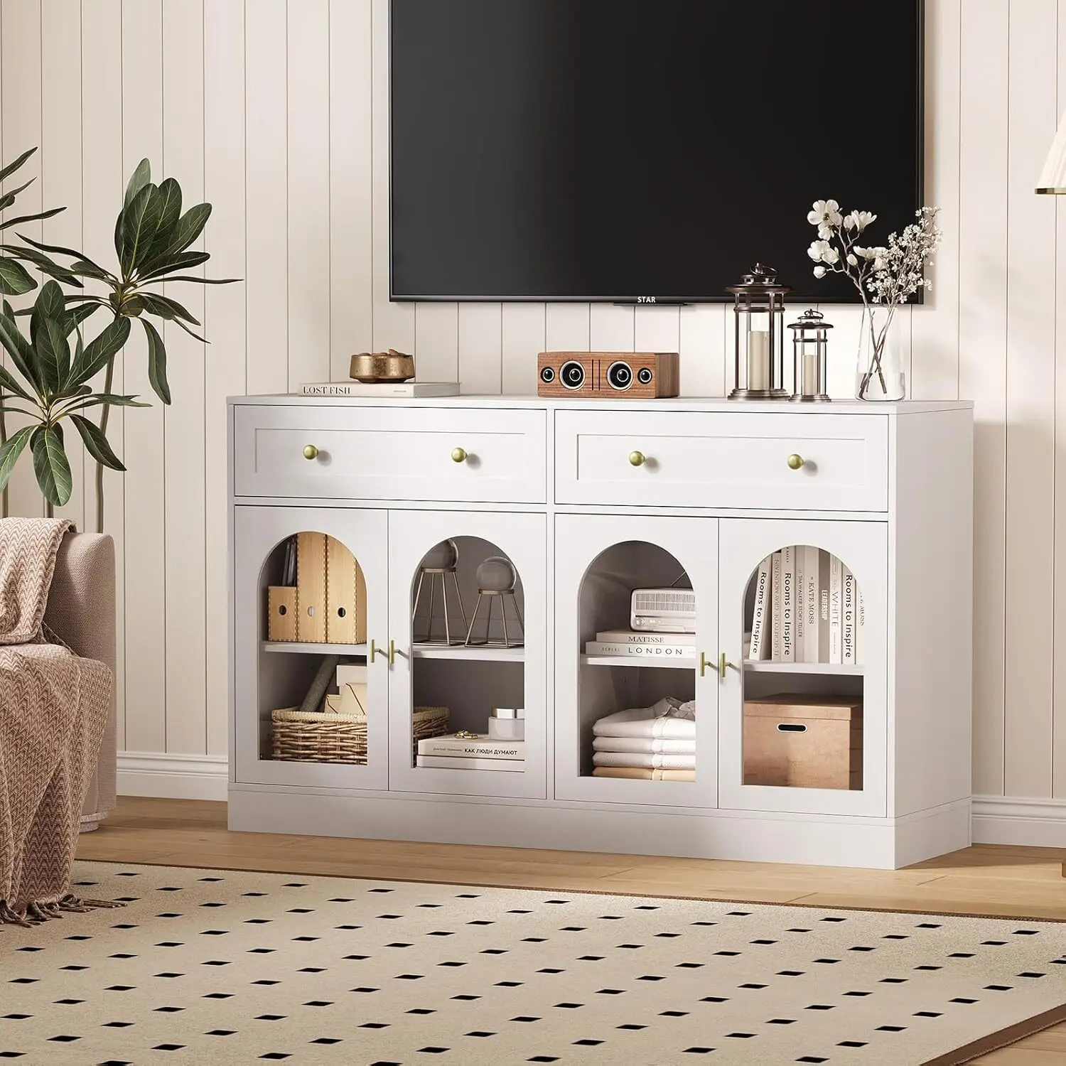 Gaomon 55-Inch Farmhouse Fluted Adjustable Storage Sideboard Buffet Cabinet - Wood Frame, 4 Acrylic Doors, 2 Drawers, 300 lbs Capacity, Kitchen Storage Solution, Console Table for Living Room, Dining Room (White), Adjustable Storage Cabinet
