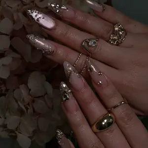 SHEDARES Nude Glam – Handmade Press-On Nails with Gold Chrome Accents, Pearl Details & Shimmer Nude Base – Perfect for Elegant Glam, Date Nights & Special Events