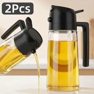 Trending 2pcs Portable Oil Spray Bottle 2-in-1 Olive Oil Sprayer and Pourer, 15.89oz Plastic With Lid, for Cooking Grilling Air Frying Baking
