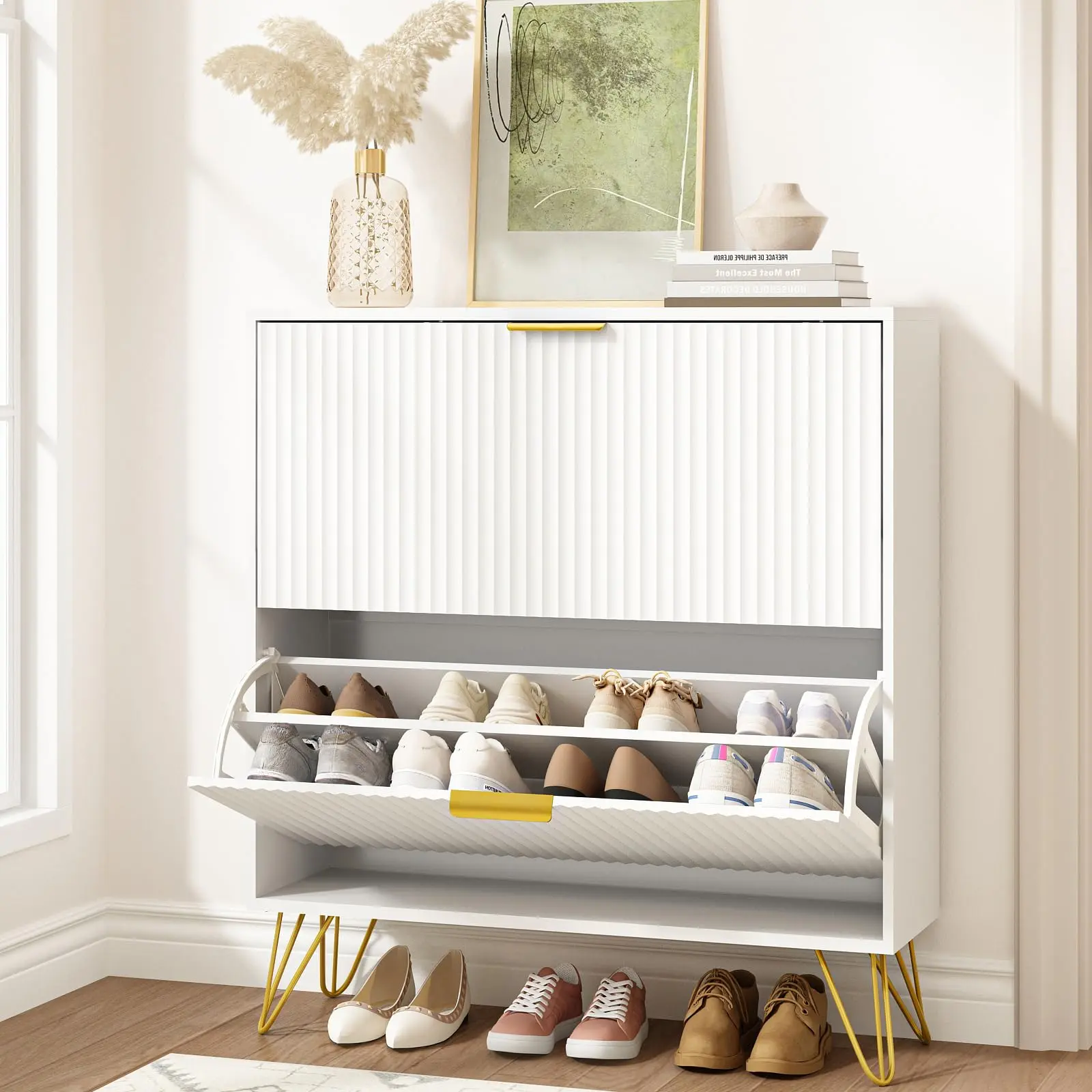 NOVAMAISON Wavy Pattern Shoe Cabinet with 2 Flip Drawers, Slim Narrow Freestanding Entryway Shoe Storage Organizer, Modern Shoe Rack, Available in White, Black & Wood Tone 3 Colors